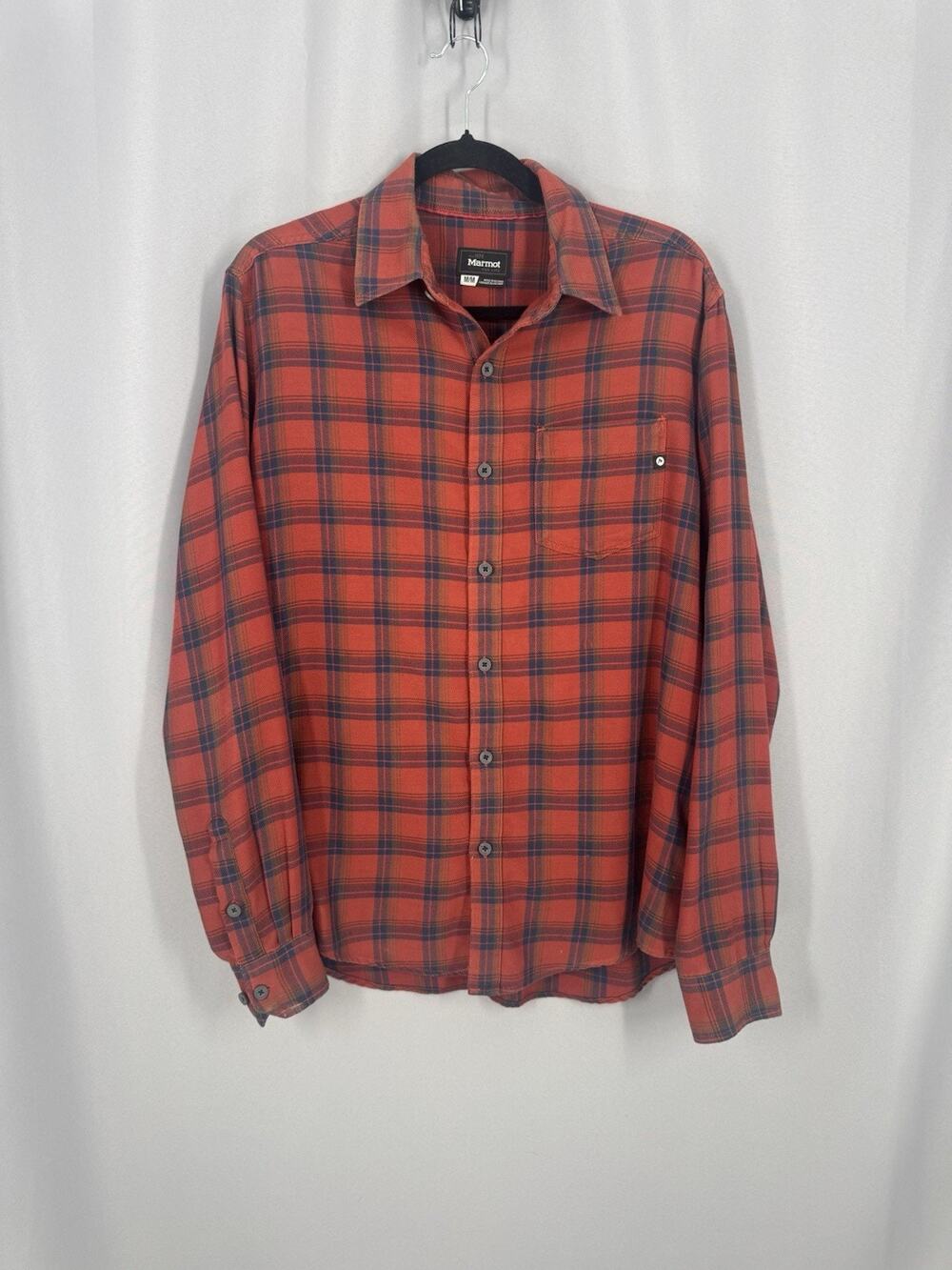 Marmot Shirt Men's Medium Red Plaid Lightweight Summer Cotton Blend Outdoor